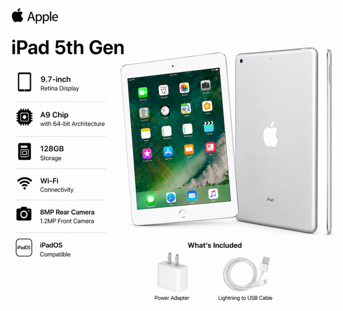 Apple iPad 5th Generation 9.7" Retina Display / 128GB Storage / Wi-Fi / Silver