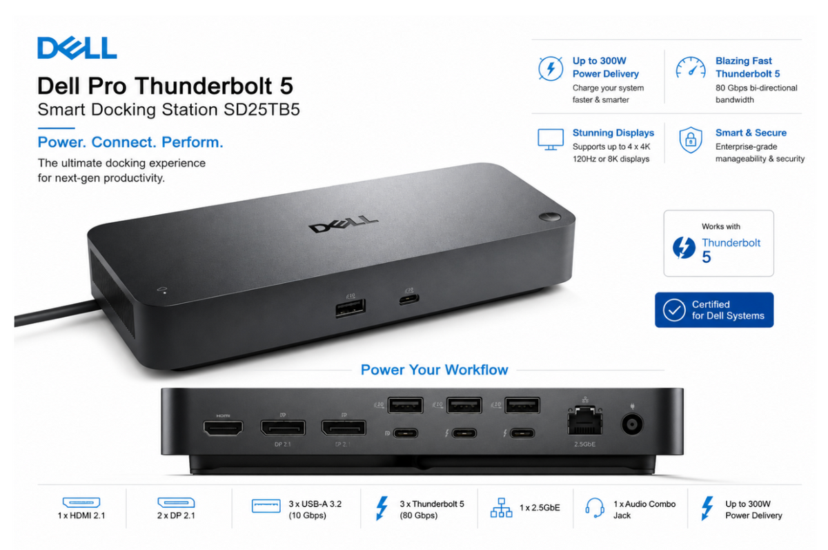 Dell Pro Thunderbolt 5 Smart Docking Station SD25TB5 - 3-Year Warranty
