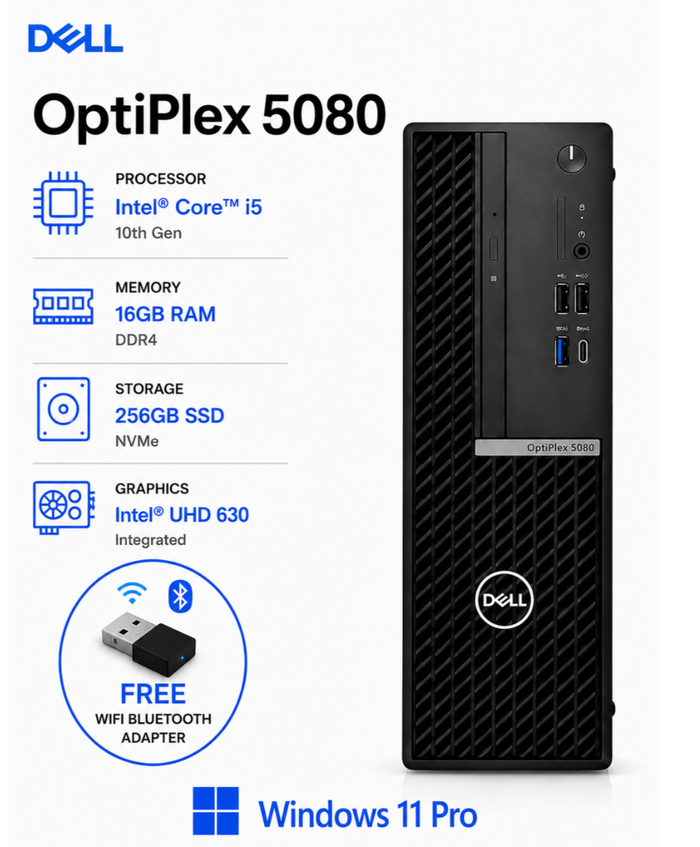 Dell OptiPlex 5080 Desktop | Intel Core i5-10600 / 16GB DDR4 RAM / 256GB SSD / Intel UHD Graphics / Win 11 Pro ( FREE Wi-Fi & Bluetooth Adapter)