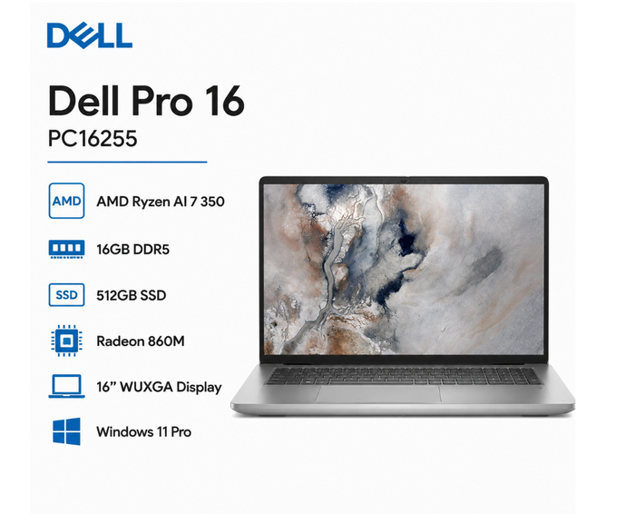 Dell Pro 16 PC16255 Laptop | AMD Ryzen AI 7 350 / 16GB DDR5 / 512GB SSD / Radeon 860M / 16" WUXGA / Windows 11 Pro